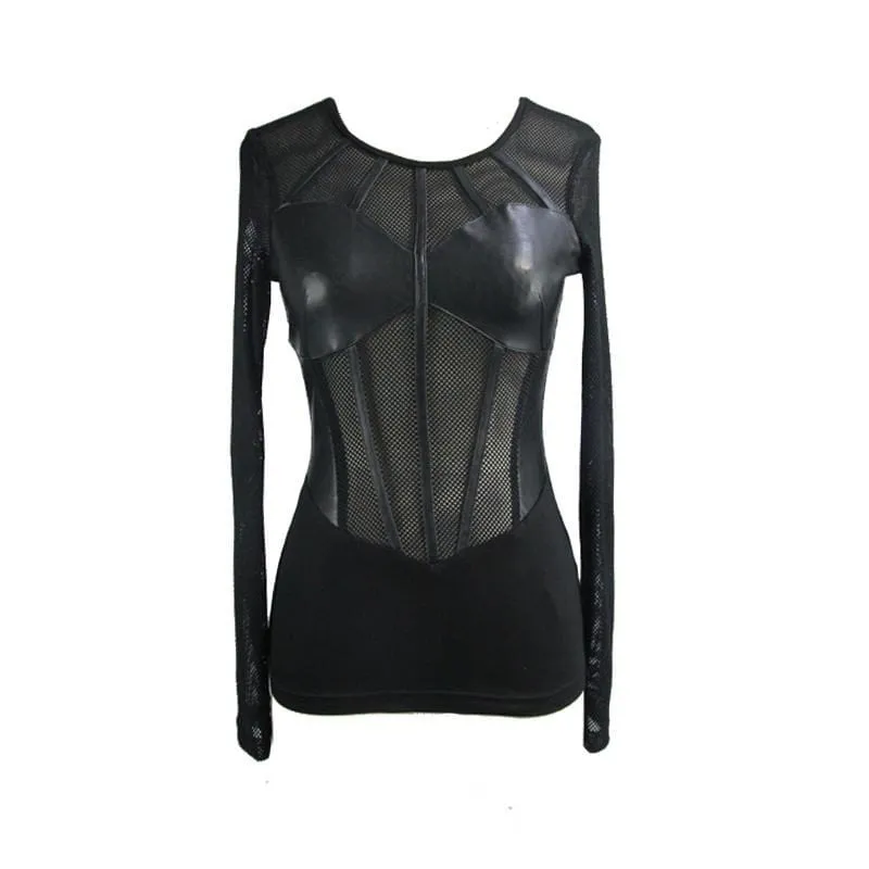 Women's Net and Faux Leather Punk Goth T-shirt